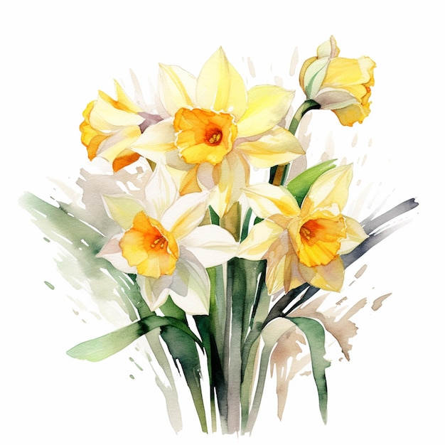 A watercolor painting of a bouquet of daffodils.