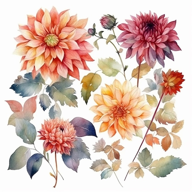 A watercolor painting of a bouquet of dahlias.