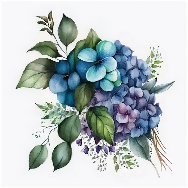 A watercolor painting of a bouquet of flowers with leaves and flowers.