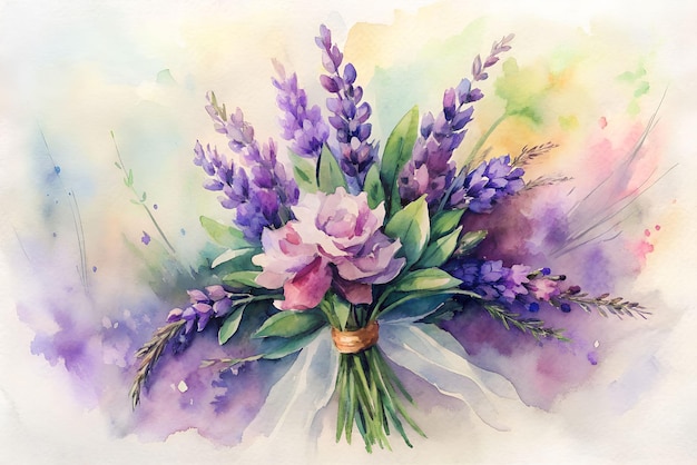 A watercolor painting of a bouquet of flowers with purple flowers