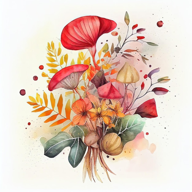 Акварельная картина букета цветов с красным цветком и листьями.