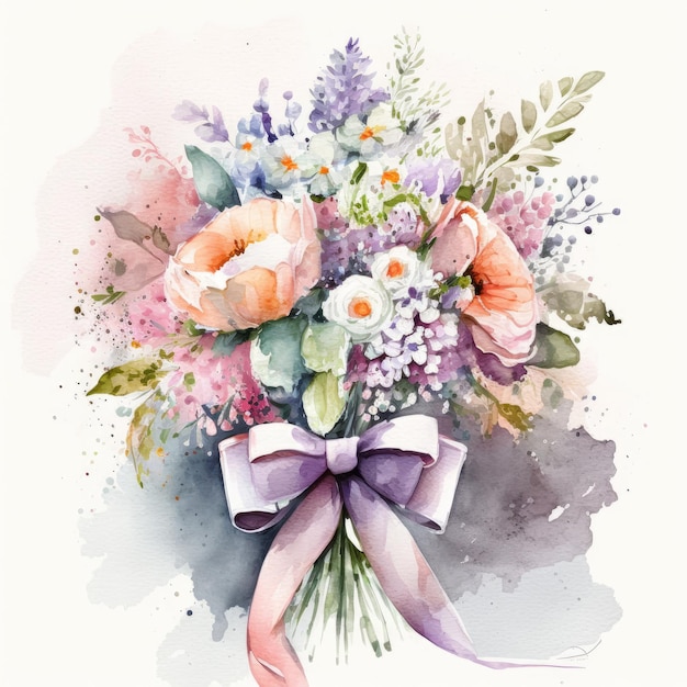 A watercolor painting of a bouquet of flowers with a ribbonWatercolor Illustration of Spring Flower