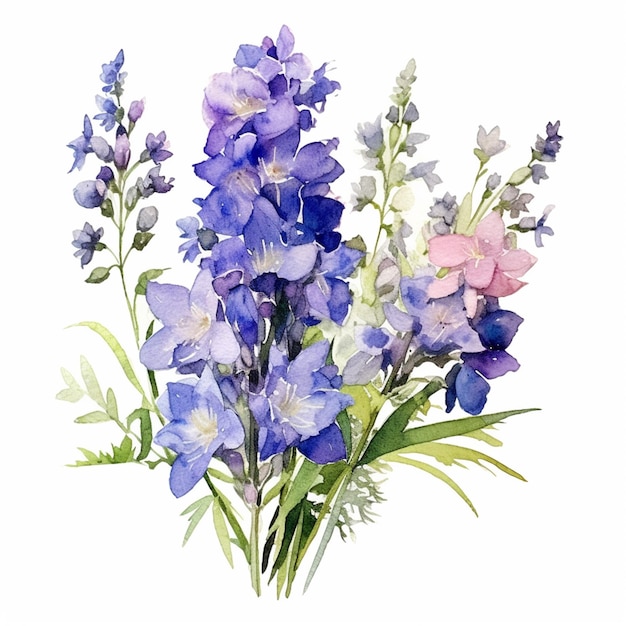 A watercolor painting of a bouquet of flowers with the word lupine on it.