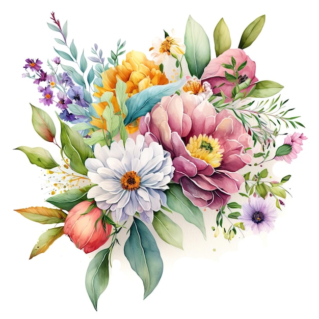 A watercolor painting of a bouquet of flowers.