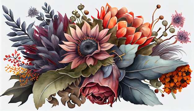 A watercolor painting of a bouquet of flowers.