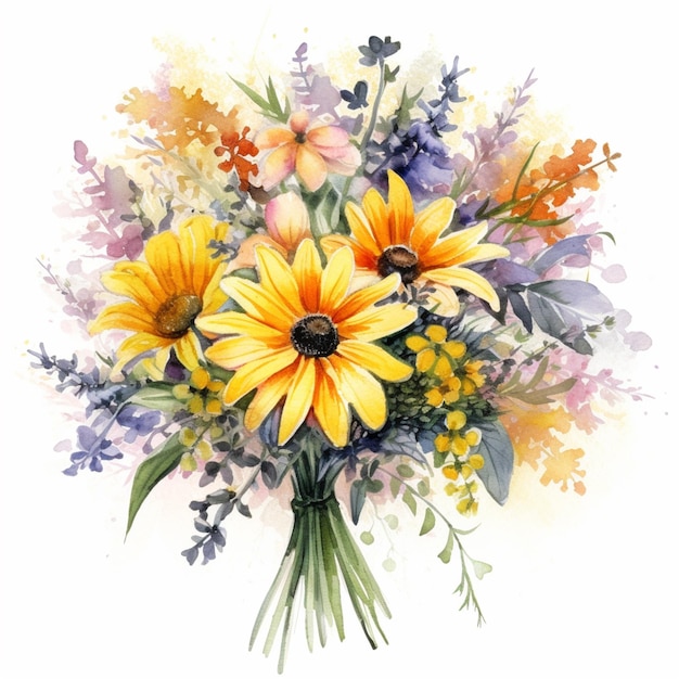 A watercolor painting of a bouquet of flowers