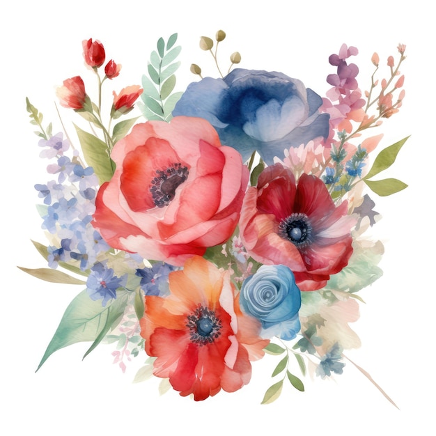 A watercolor painting of a bouquet of flowers.