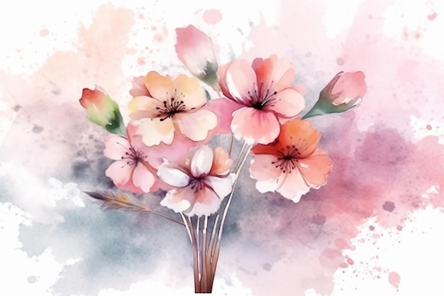 Watercolor painting of a bouquet of pink flowers