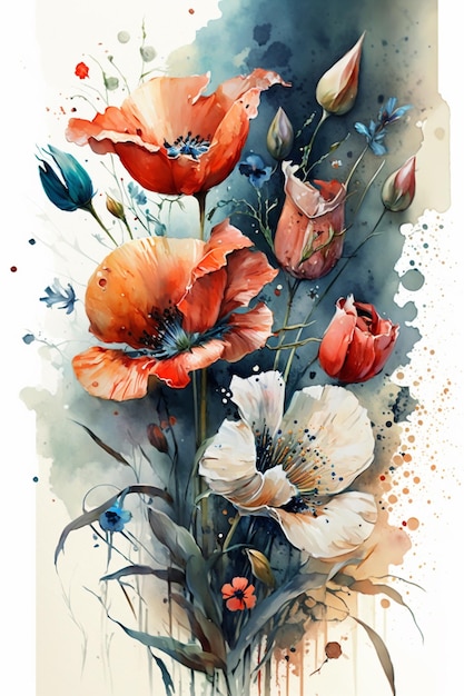 A watercolor painting of a bouquet of poppies.