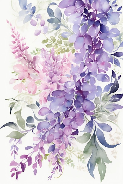 A watercolor painting of a bouquet of purple wisteria.