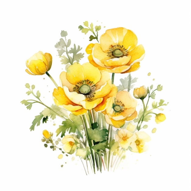 노란 꽃의 꽃다발의 수채화 그림.