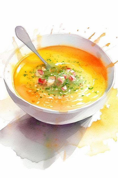 A watercolor painting of a bowl of soup with a spoon.