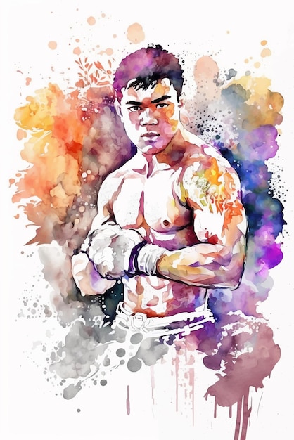 A watercolor painting of a boxer with a tattoo on his arm