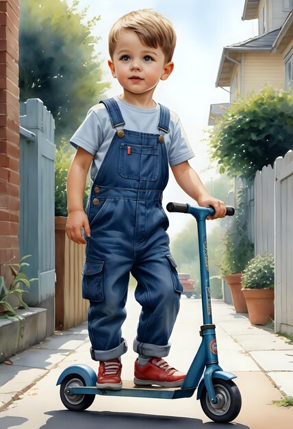 Watercolor painting of a boy playing a scooter