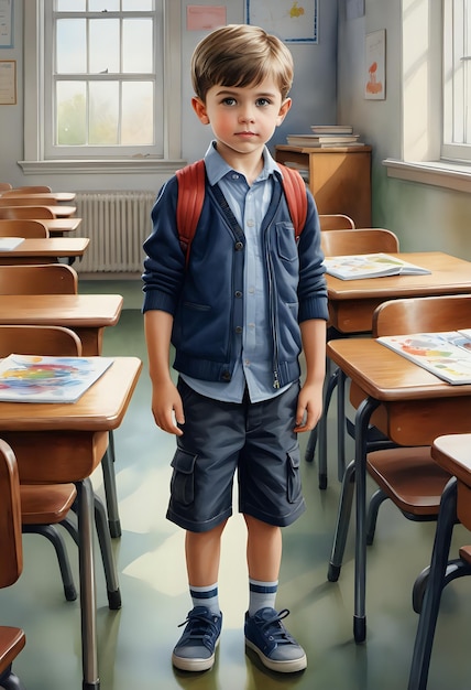 Photo watercolor painting of a boy standing in a classroom