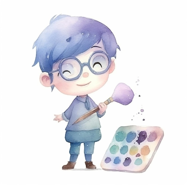 A watercolor painting of a boy with blue hair and glasses.