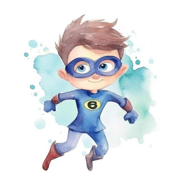 Photo a watercolor painting of a boy with a blue superhero costume with the letter b on it.
