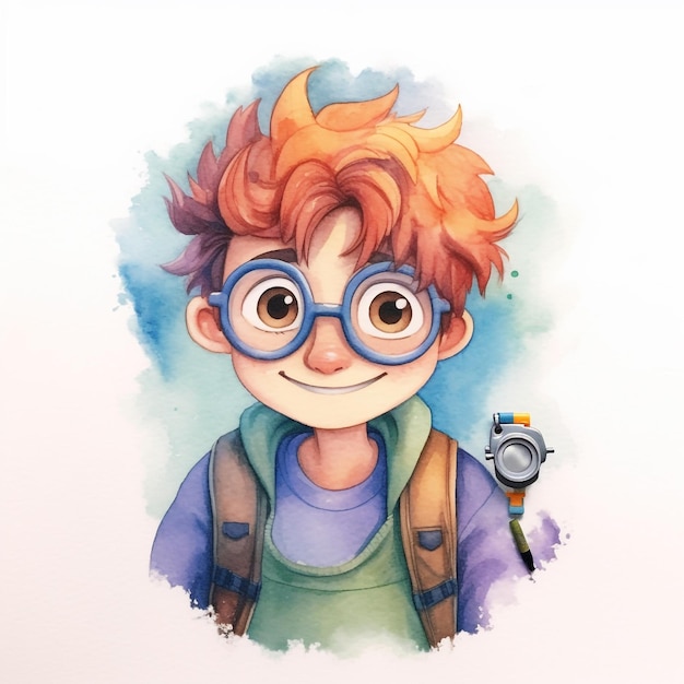 A watercolor painting of a boy with glasses and a watch on his shoulder.