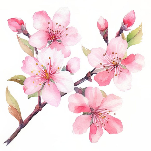 A watercolor painting of a branch of cherry blossoms with pink flowers.