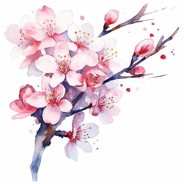 Акварельная картина ветки цветущей сакуры.