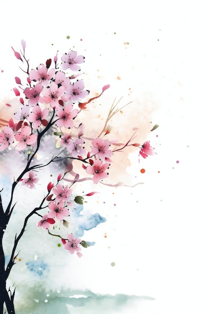 A watercolor painting of a branch of cherry blossoms.