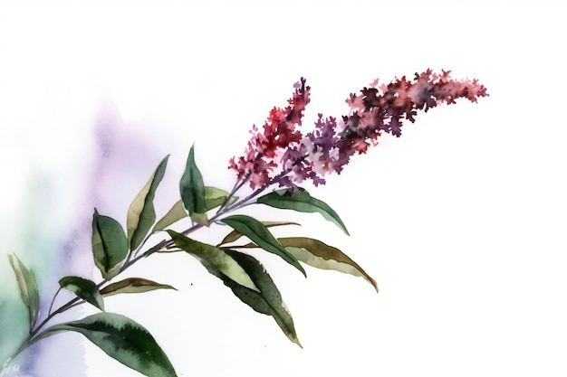 A watercolor painting of a branch of lilac flowers.