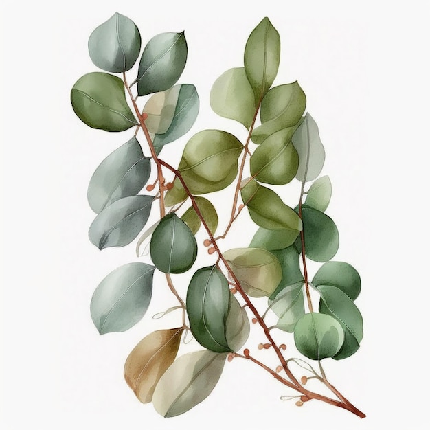 A watercolor painting of a branch with green leaves and a white background.