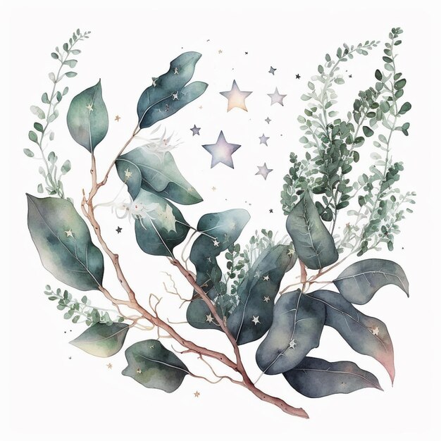 A watercolor painting of a branch with leaves and stars.