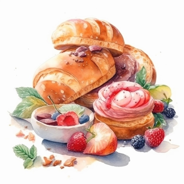 Акварельная картина завтрака с выпечкой и ягодами.