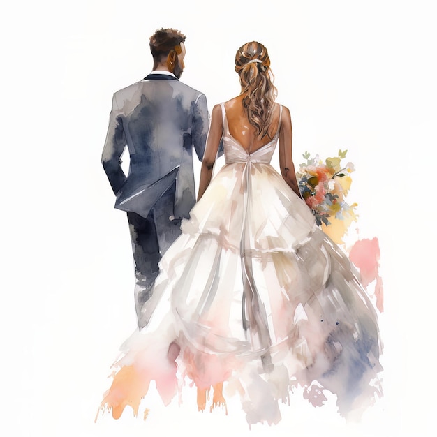 A watercolor painting of a bride and groom