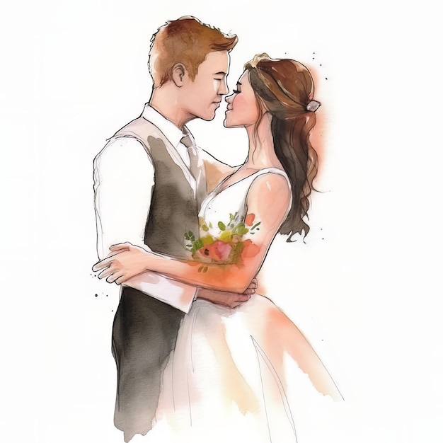 A watercolor painting of a bride and groom