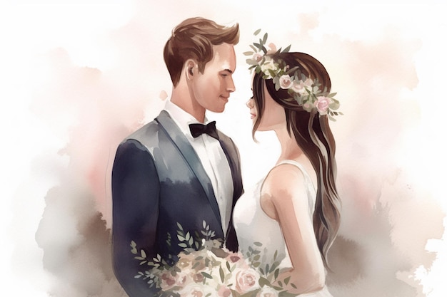 A watercolor painting of a bride and groom