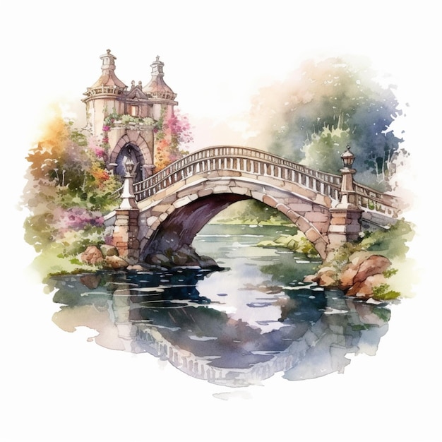 Акварельная картина моста в парке