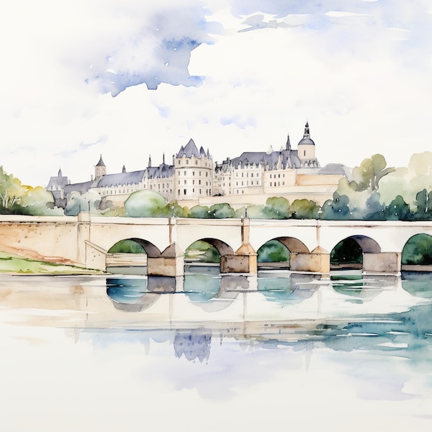 Watercolor painting of a bridge over a river with a castle in the background