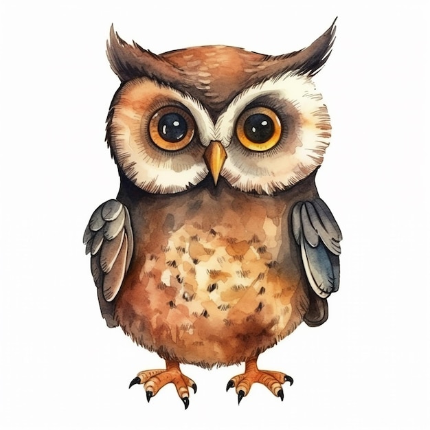 A watercolor painting of a brown owl with yellow eyes.