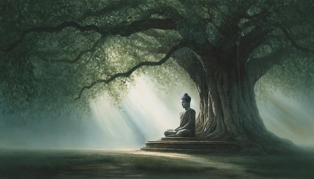 Photo watercolor painting of buddha sitting beneath a tree