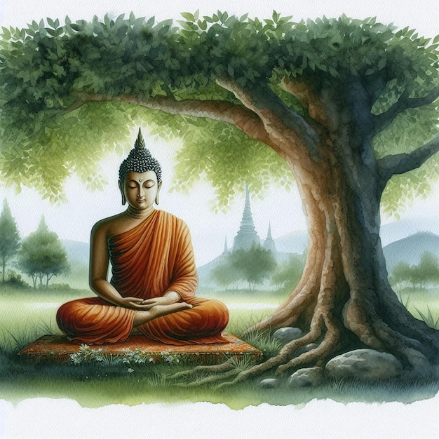 Photo a watercolor painting of a buddha sitting under a tree