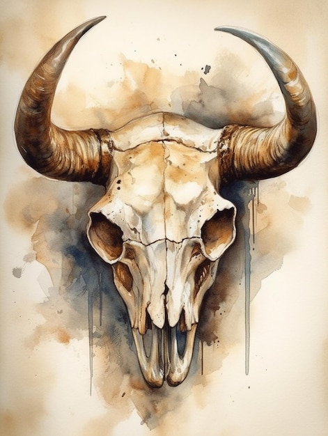 Watercolor painting of a buffalo skull with horns