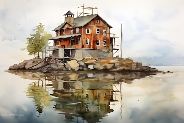 A watercolor painting of a building next to water