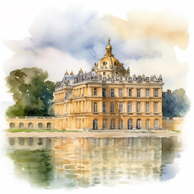 a watercolor painting of a building with a reflection of the building in the water