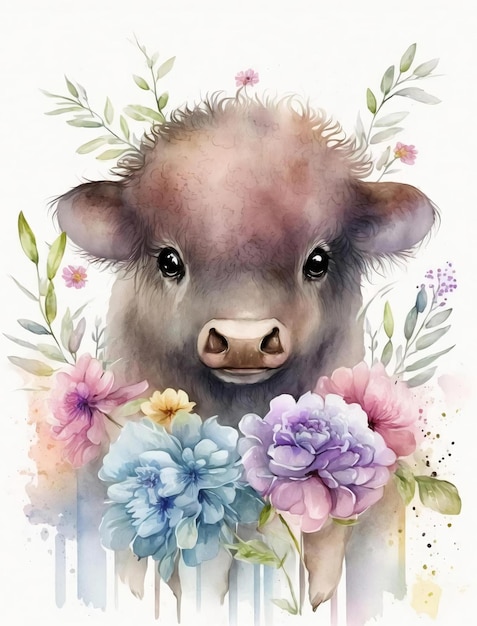 A watercolor painting of a bull with flowers and leaves.