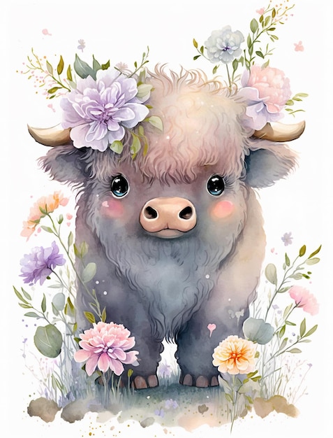 A watercolor painting of a bull with flowers.