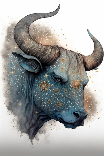 Watercolor painting of a bull with stars on its horns generative ai