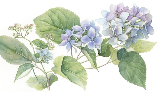 青と白のアジサイの花の束の水彩画。