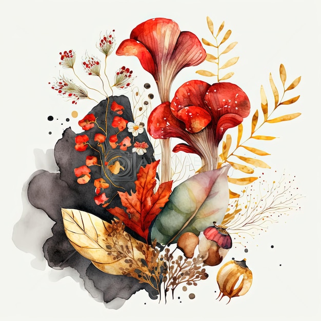 A watercolor painting of a bunch of mushrooms and leaves.