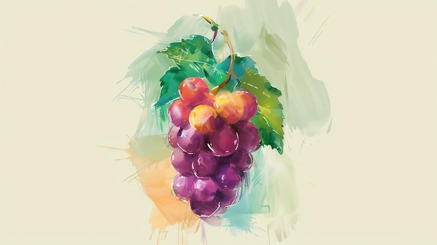 A watercolor painting of a bunch of purple grapes The grapes are arranged in a cluster and have green leaves The background is a light yellow