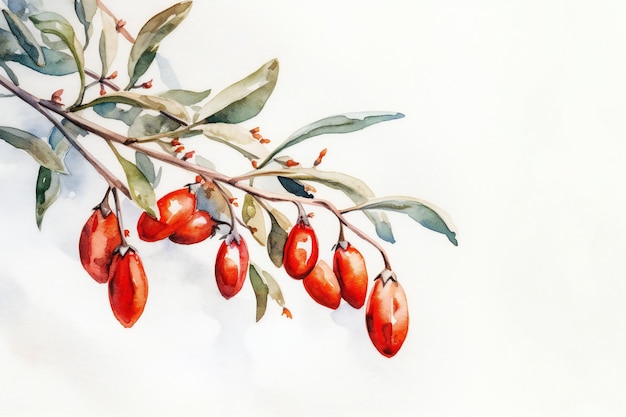 Watercolor painting of a bunch of red berries on a branch