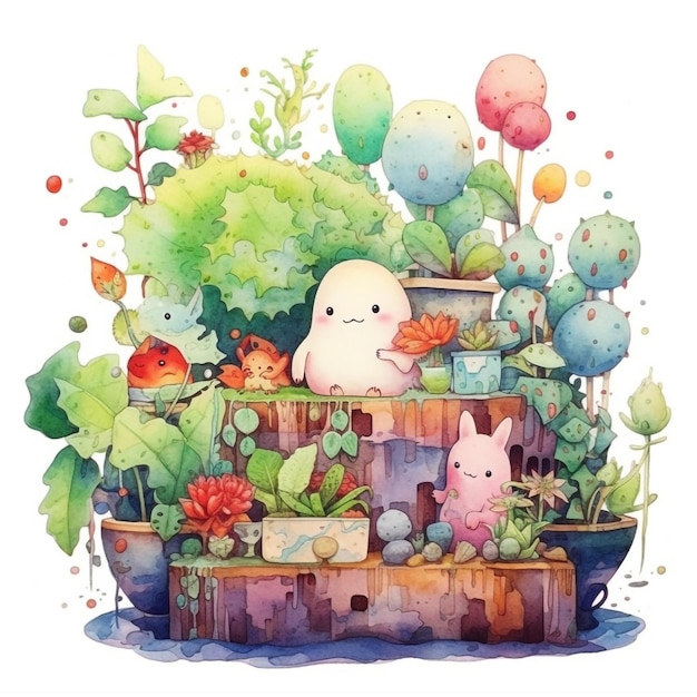 Watercolor painting of a bunny and a bunch of plants