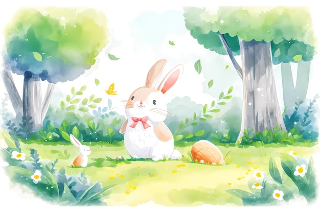 A watercolor painting of a bunny and a butterfly