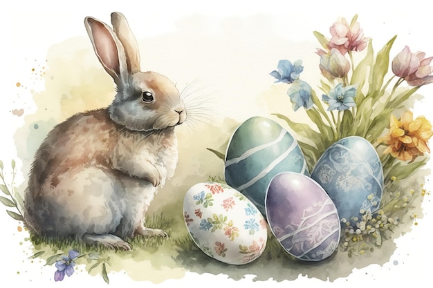 A watercolor painting of a bunny and eggs.